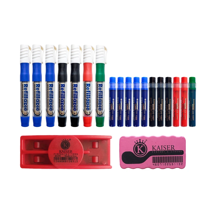 ماژیک وایت برد کرونا مدل گرد طرح شارژی به همراه یدک و تخته پاک کن مغناطیسی بسته 20 عددی