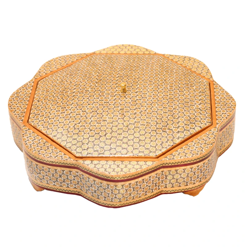 شکلات خوری خاتم کاری صنایع دستی فاخر مدل تک درب طرح گلی کد HQGold1d4in28