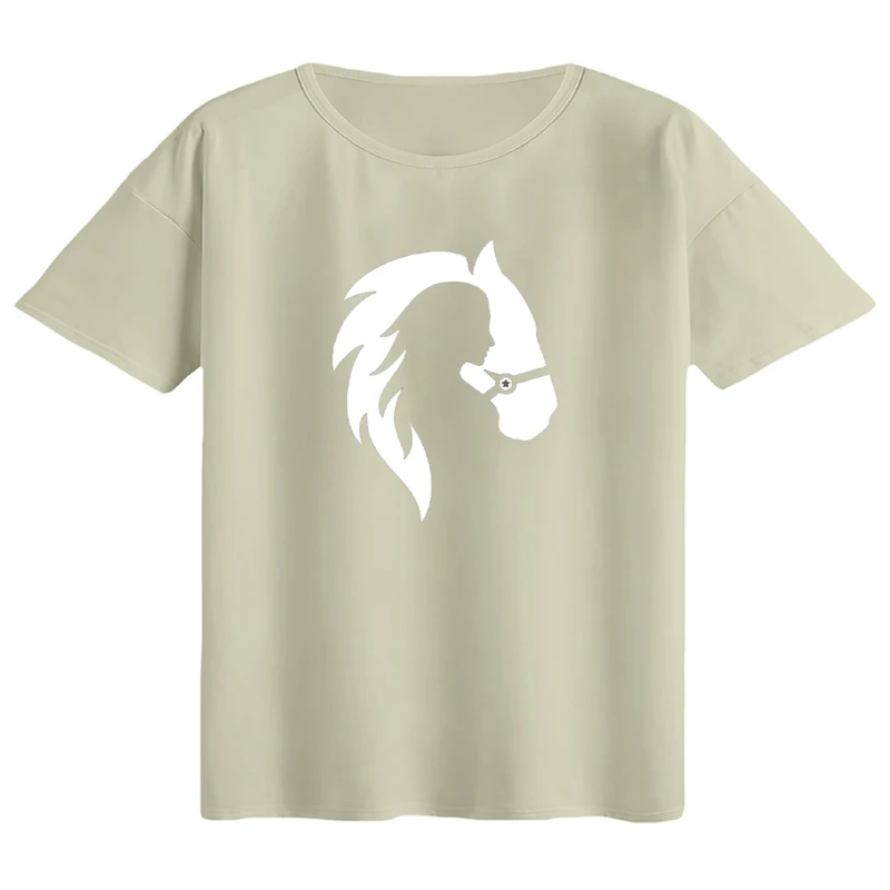 تی‌شرت اورسایز آستین کوتاه زنانه مدل باکسی طرح دختر و اسب کد۱