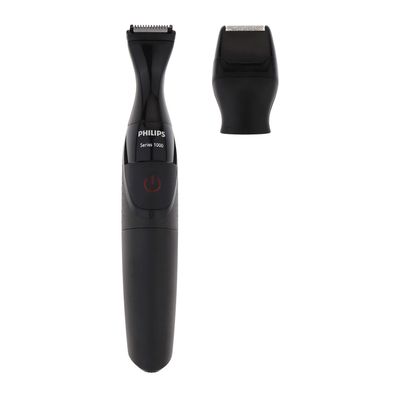 ماشین اصلاح موی صورت و بدن فیلیپس مدل MG1100، اصلاح به صورت تریمر، منبع انرژی باتری AA، تکنولوژی اصلاح به صورت برش مستقیم، به همراه برس تمیز کننده، سه عدد شانه و دو عدد سری، ضد آب و قابل شستشو، جنس تیغه از استیل ضد زنگ