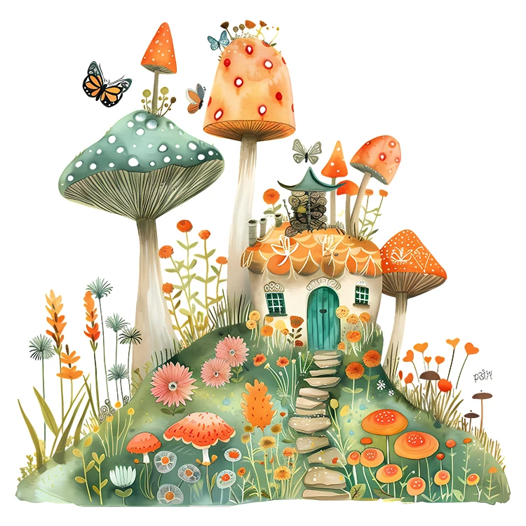 استیکر پارچه و لباس پاد آفرین مدل کارتونی فانتزی طرح خانه قارچی کد S2647
