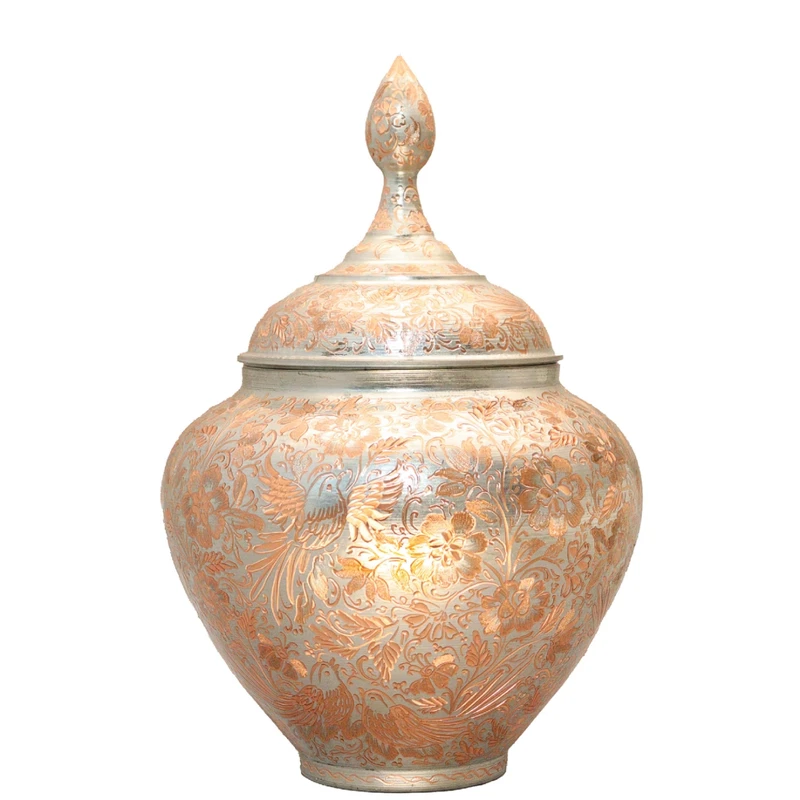 شکلات خوری مسی صنایع دستی فاخر مدل الماس تراش مجلل طرح گل و مرغ کد Sn33p22