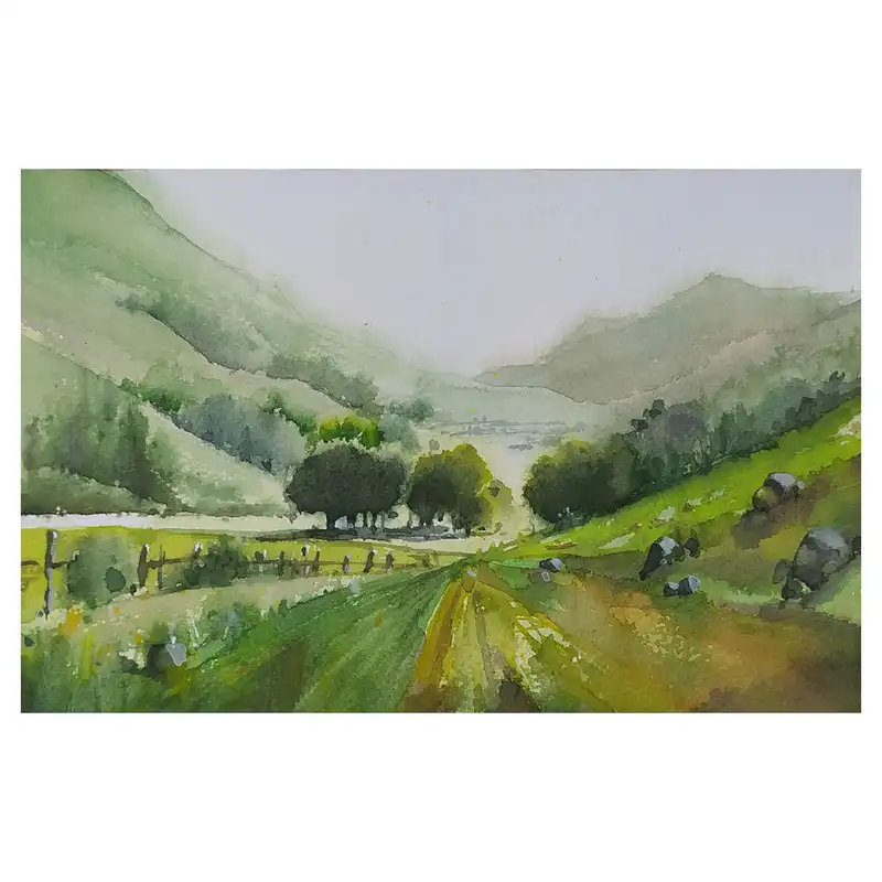 نقاشی آبرنگ طرح دشت و کوهستان کد 66