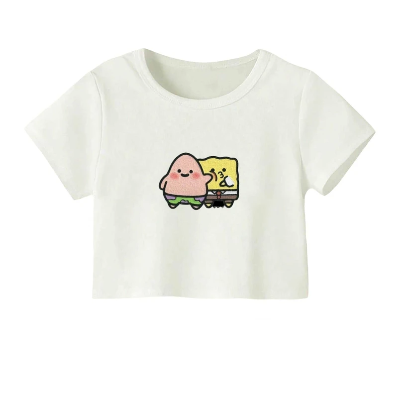 کراپ‌ تی‌شرت آستین کوتاه زنانه مدل باب اسفنجی و پاتریک