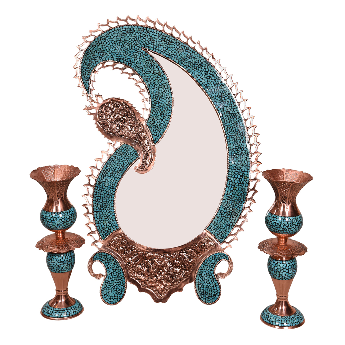 ست آینه و شمعدان فیروزه کوبی طرح بوته جقه مدل13991