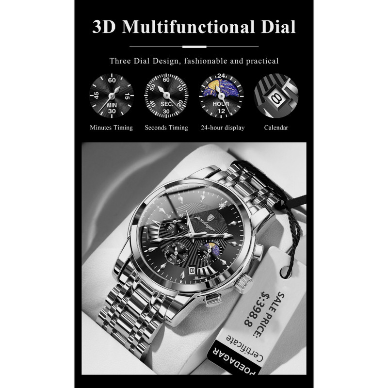 ساعت مچی عقربهای کوارتز مردانه پوداگار مدل اسپرت سه موتور فعال کرنوگراف بند استیل کد a.d ساعت مچی عقربهای کوارتز مردانه پوداگار مدل اسپرت سه موتور فعال کرنوگراف بند استیل کد a.d