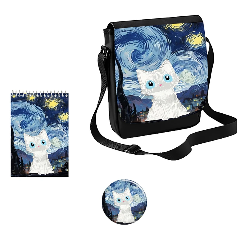 کیف رودوشی مدل گربه شب پر ستاره ونگوگ کد 1 به همراه دفتر یادداشت و پیکسل مجموعه 3 عددی