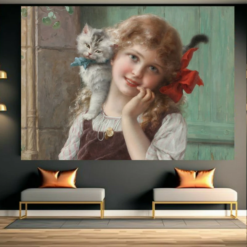 تابلو بوم طرح مخمل فرانسوی اثر امیل ورنون دخترک زیبا‌ و گربه کد AR304234