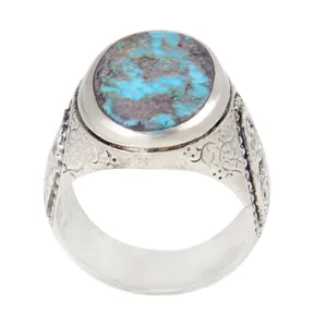 انگشتر نقره مردانه بازرگانی میلادی مدل سنگ فیروزه طبیعی رکاب دست ساز کلاسیک کد AM_2021