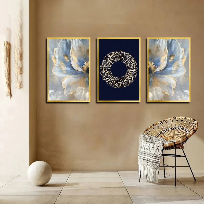 تابلو بکلیت طرح مذهبی و گل مدل T-3993 فریم طلایی مجموعه 3 عددی