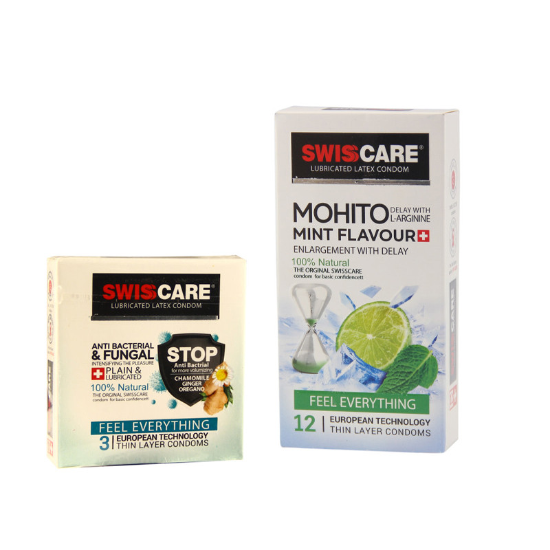 کاندوم سوئیس کر مدل MOHITO بسته 12 عددی به همراه کاندوم سوئیس کر مدل ANTI BACTERIAL بسته 3 عددی