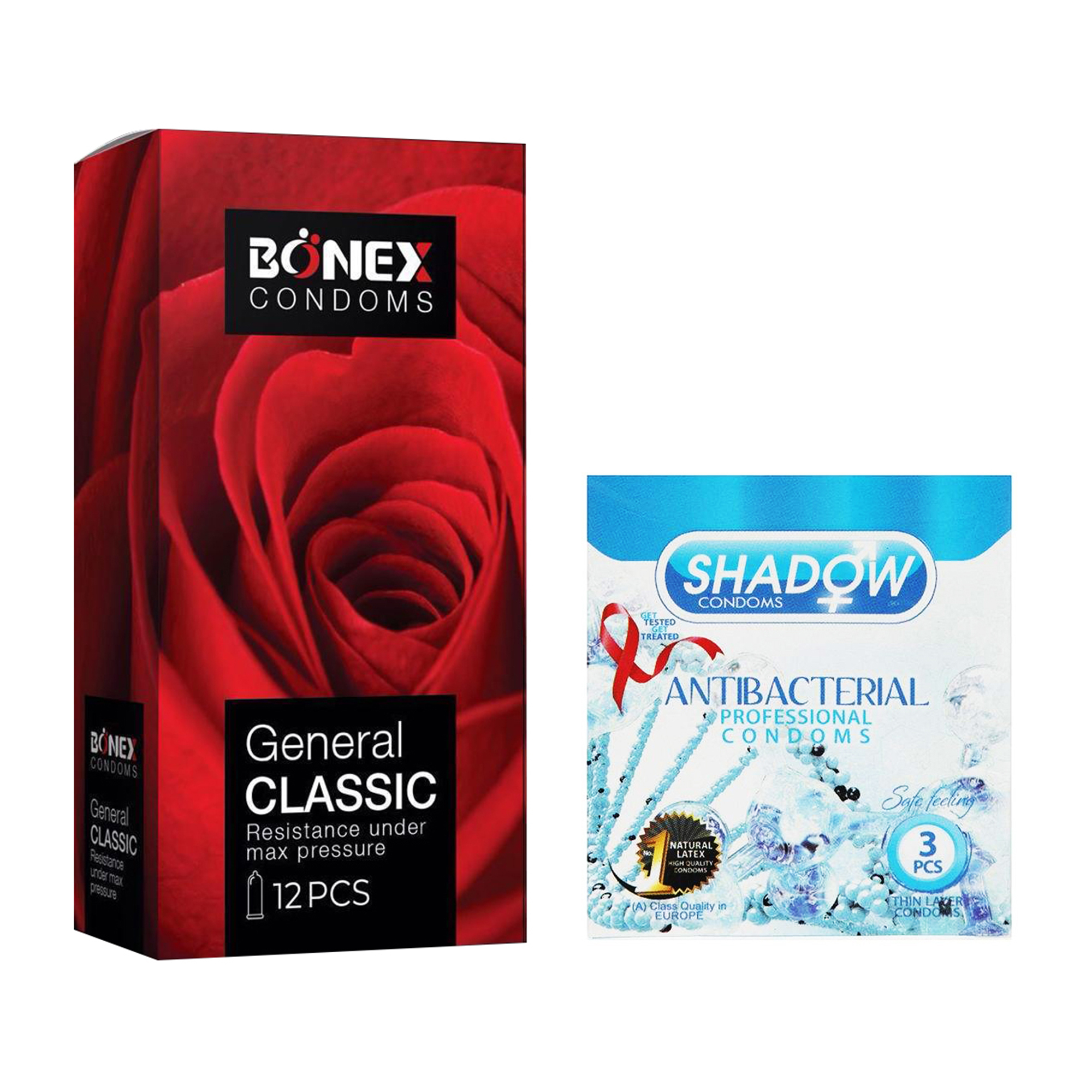 کاندوم بونکس مدل General Classic بسته 12 عددی به همراه کاندوم شادو مدل Anti Bacterial بسته 3 عددی 