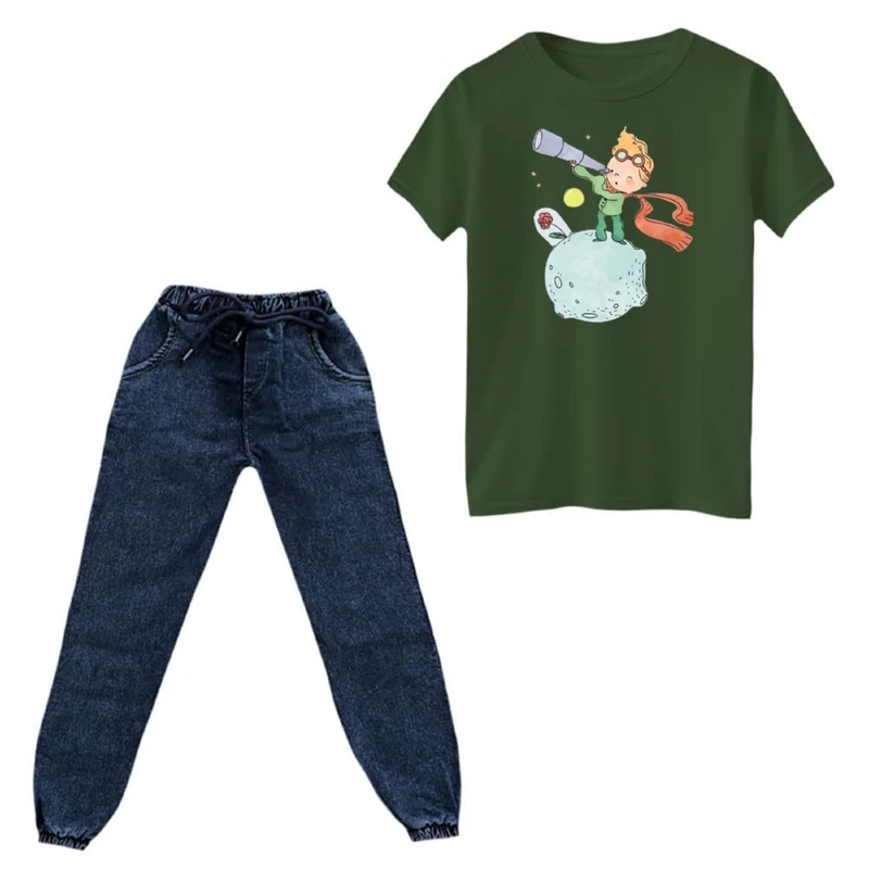 ست تی‌شرت و شلوار دخترانه مدل  شازده کوچولو کد1 رنگ سبز یشمی