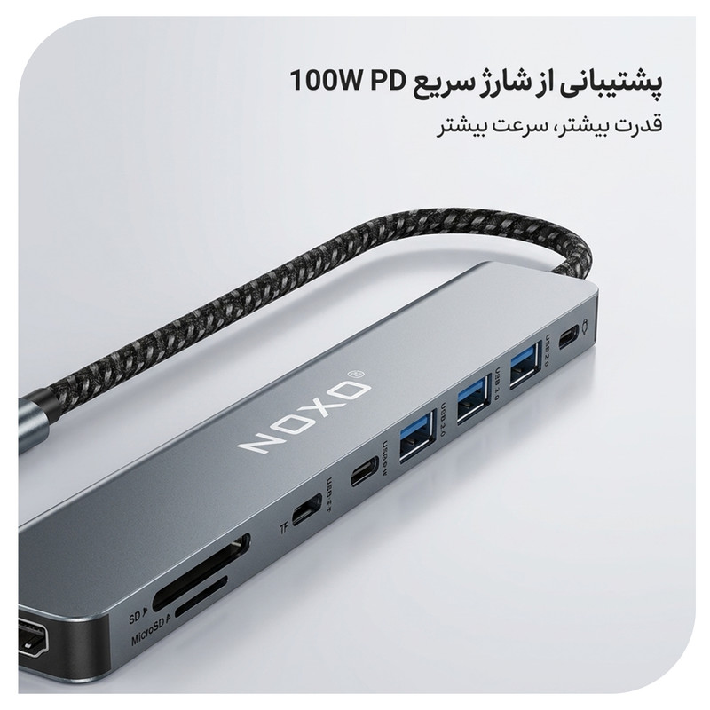 هاب 9 پورت USB-C نوکسو مدل HUB-N1 9in1 با پشتیبانی شارژ PD 100 وات، HDMI 4K، USB 3.0 و کارت‌خوان SD/TF