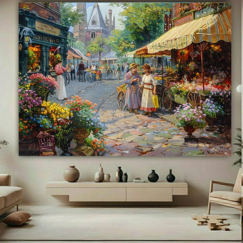 تابلو بوم طرح مخمل  نقاشی مدل بازار گل فروش ها کد PY985