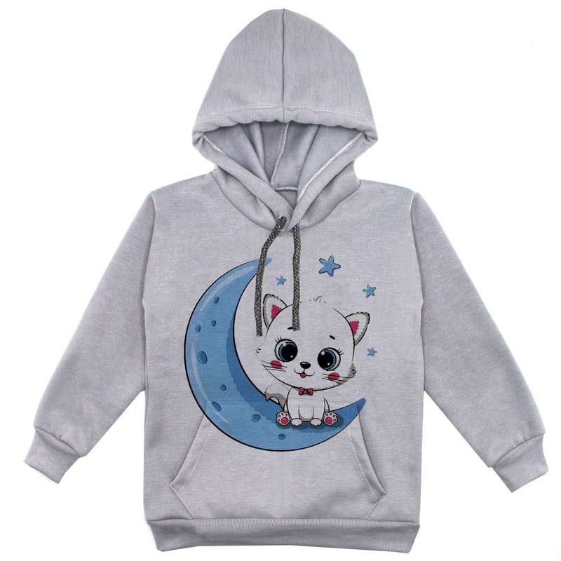 هودی دخترانه مدل گربه و ماه F100 رنگ طوسی