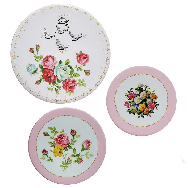 بشقاب دیوارکوب سفالی مدل چهار قل و بوته گل کد 0909 مجموعه 3 عددی