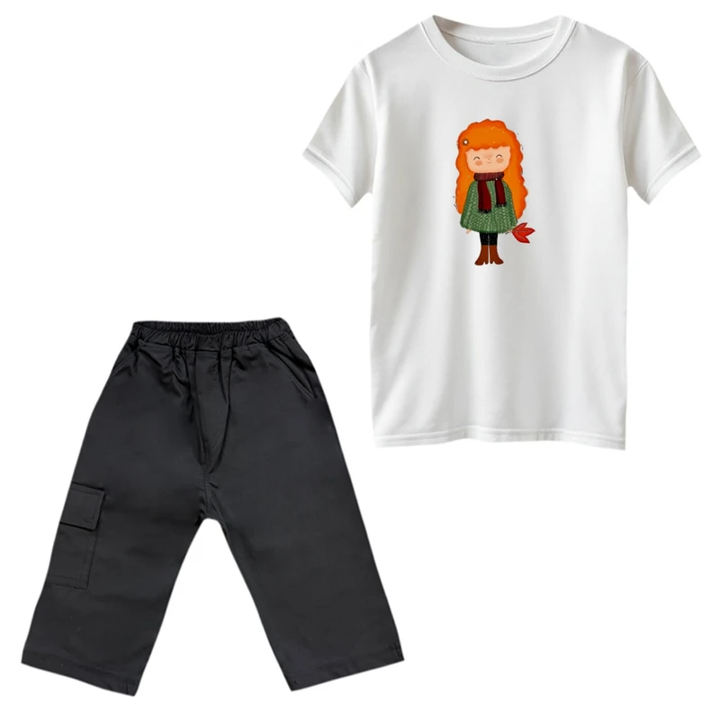 ست تی‌شرت و شلوارک دخترانه مدل دختر پاییز رنگ سفید 