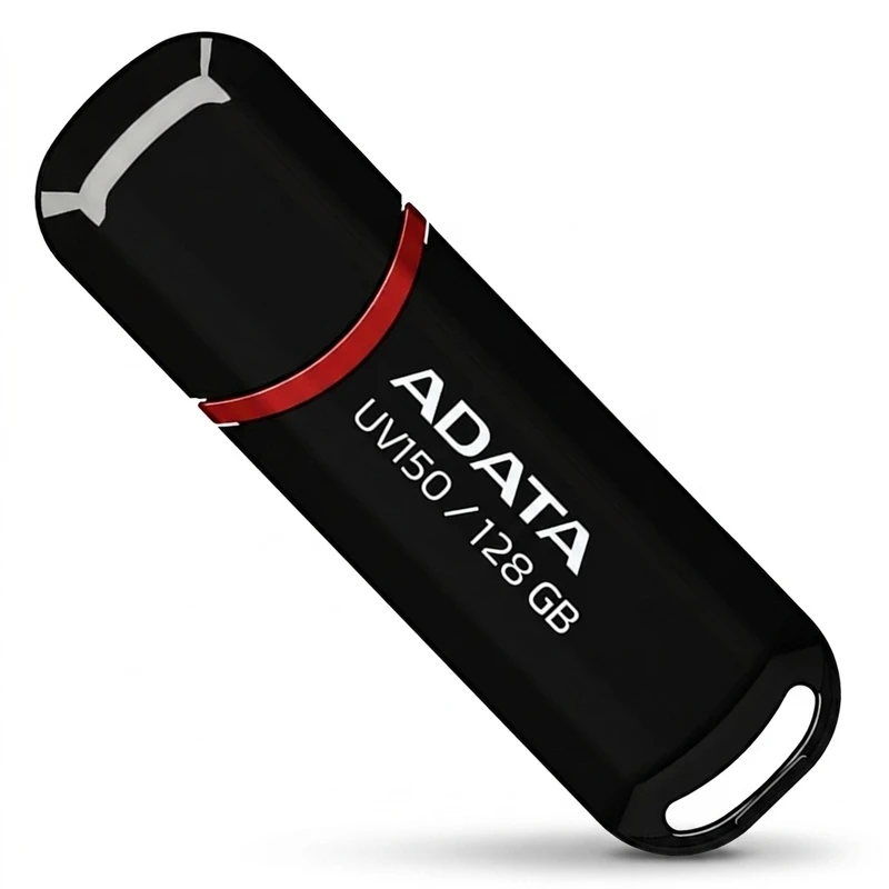 فلش مموری ای دیتا مدل UV150 ظرفیت 128 گیگابایت با رابط USB 3.2 Gen1 و پشتیبانی از انواع سیستم‌عامل، طراحی درپوش‌دار و سازگار با کامپیوتر، لپ‌تاپ، موبایل و تلویزیون