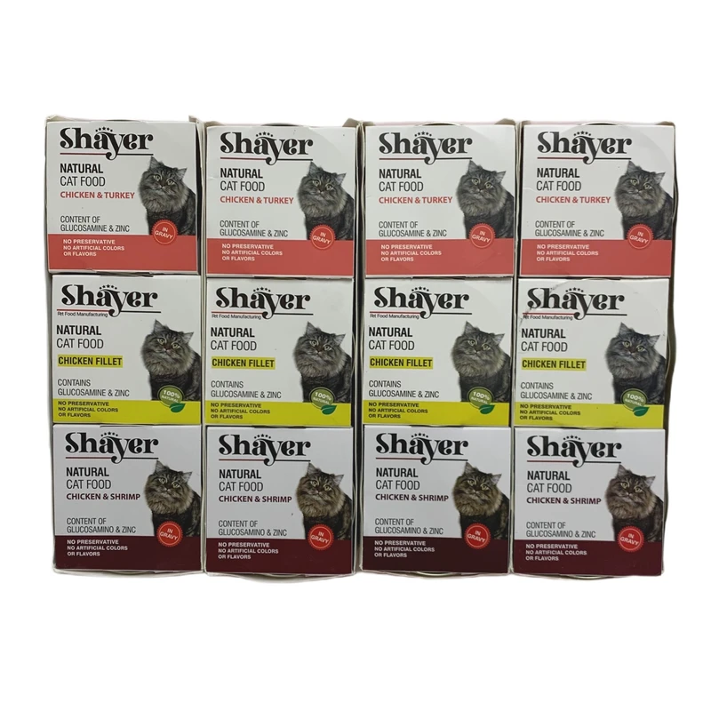 کنسرو غذای گربه شایر مدل مرغ و ماهی وزن 110 گرم بسته 12 عددی