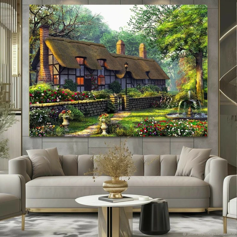 تابلو بوم طرح مخمل کلبه سنگی مدل باغ سرسبز کد FP105486