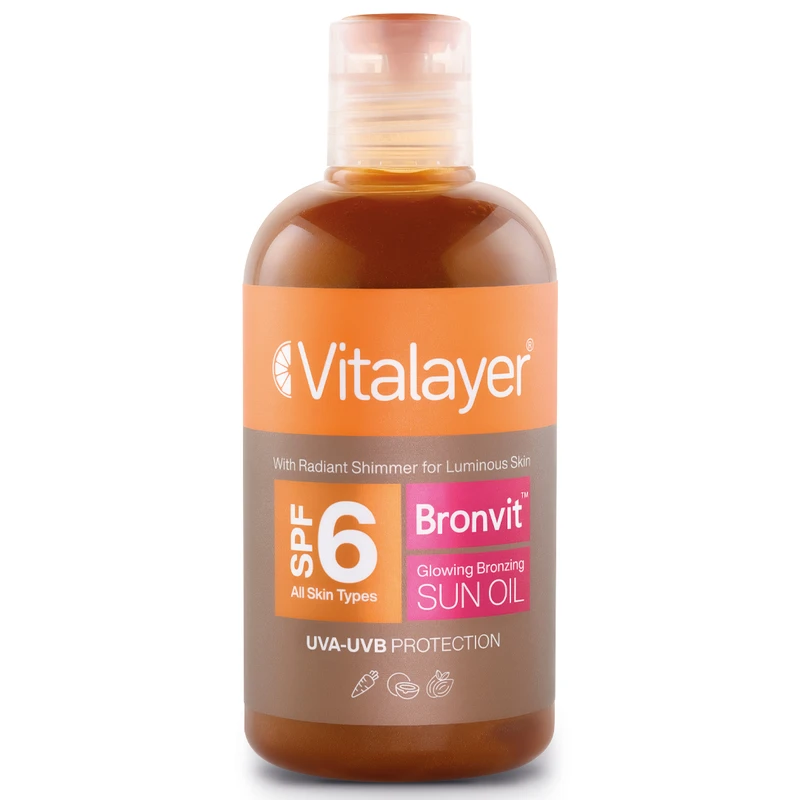 روغن آفتاب اکلیلی صورت و بدن ویتالیر  مدل bronvit glowing bronzing حجم 250 میلی‌لیتر، محافظت همزمان در برابر UVA/UVB با SPF 6 و حاوی ویتامین A، غیر کمدون‌زا و مناسب انواع پوست