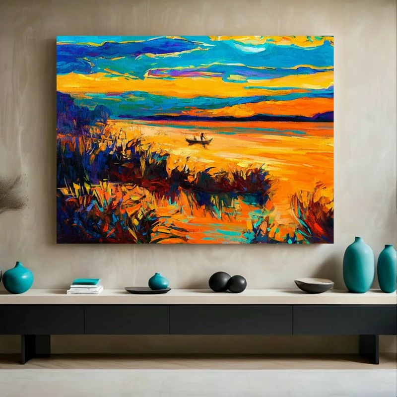 پوستر پارچه ای طرح مخمل نقاشی اکریلیک مدل قایق و آرامش کد BK23886