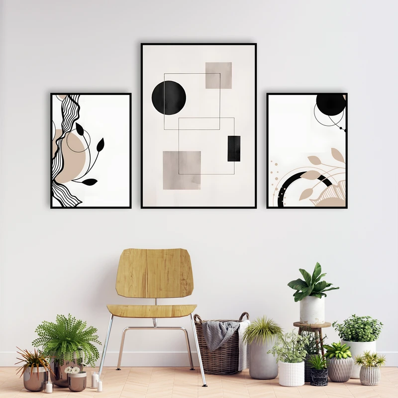 تابلو بکلیت مدل قاب شاسی طرح دکوراتیو نقاشی مینیمال و هنری کد B-MR-1128  فریم مشکی مجموعه 3 عددی