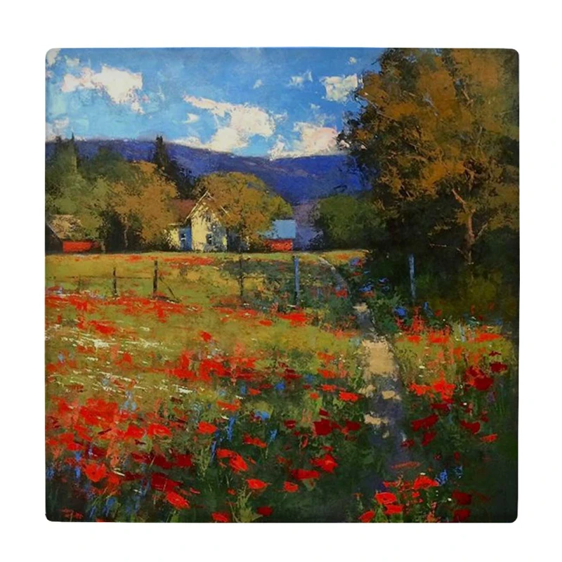  زیر لیوانی طرح نقاشی گل شقایق و منظره روستایی کد    3455343_1312