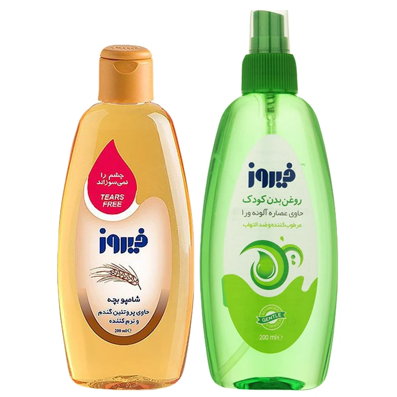 شامپو بچه فیروز مدل پروتئینه حجم 200 میلی لیتر و روغن بدن بچه فیروز مدل آلوئورا حجم 200 میلی لیتر 