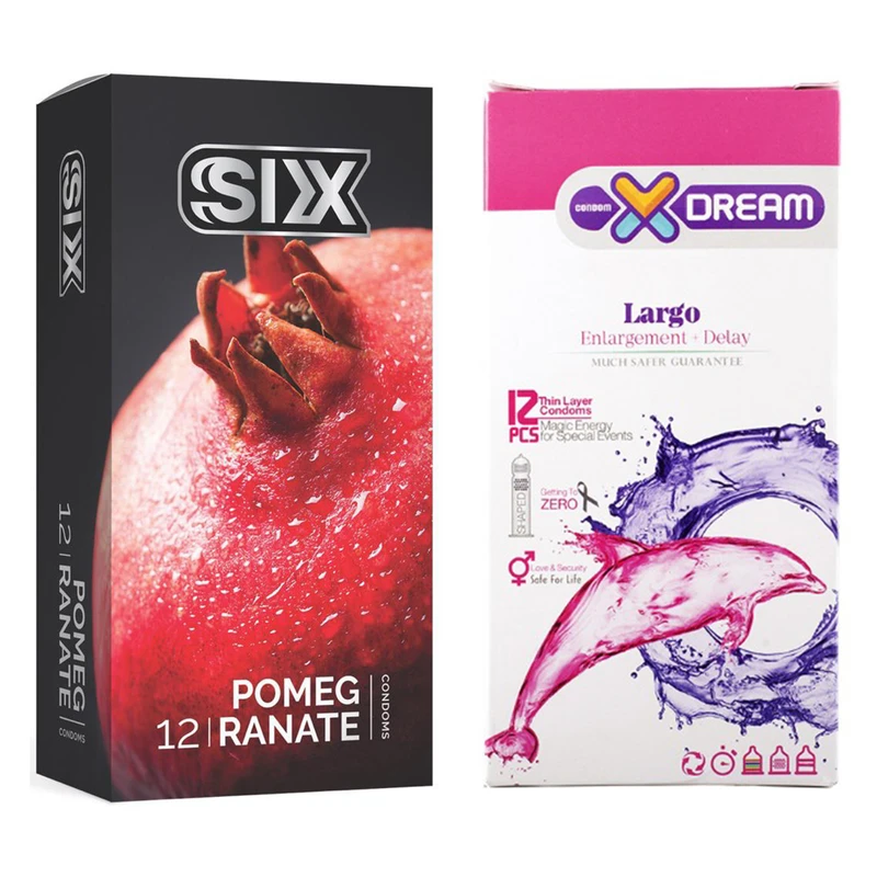 کاندوم سیکس مدل Pomegranate بسته 12 عددی به همراه کاندوم ایکس دریم مدل Largo بسته 12 عددی