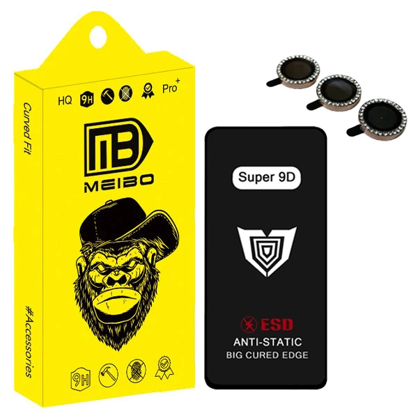 محافظ صفحه نمایش میبو مدل Super 9D Guard RN9 مناسب برای گوشی موبایل اپل iphone 15 Pro Max به همراه محافظ لنز دوربین رینگی نگین دار