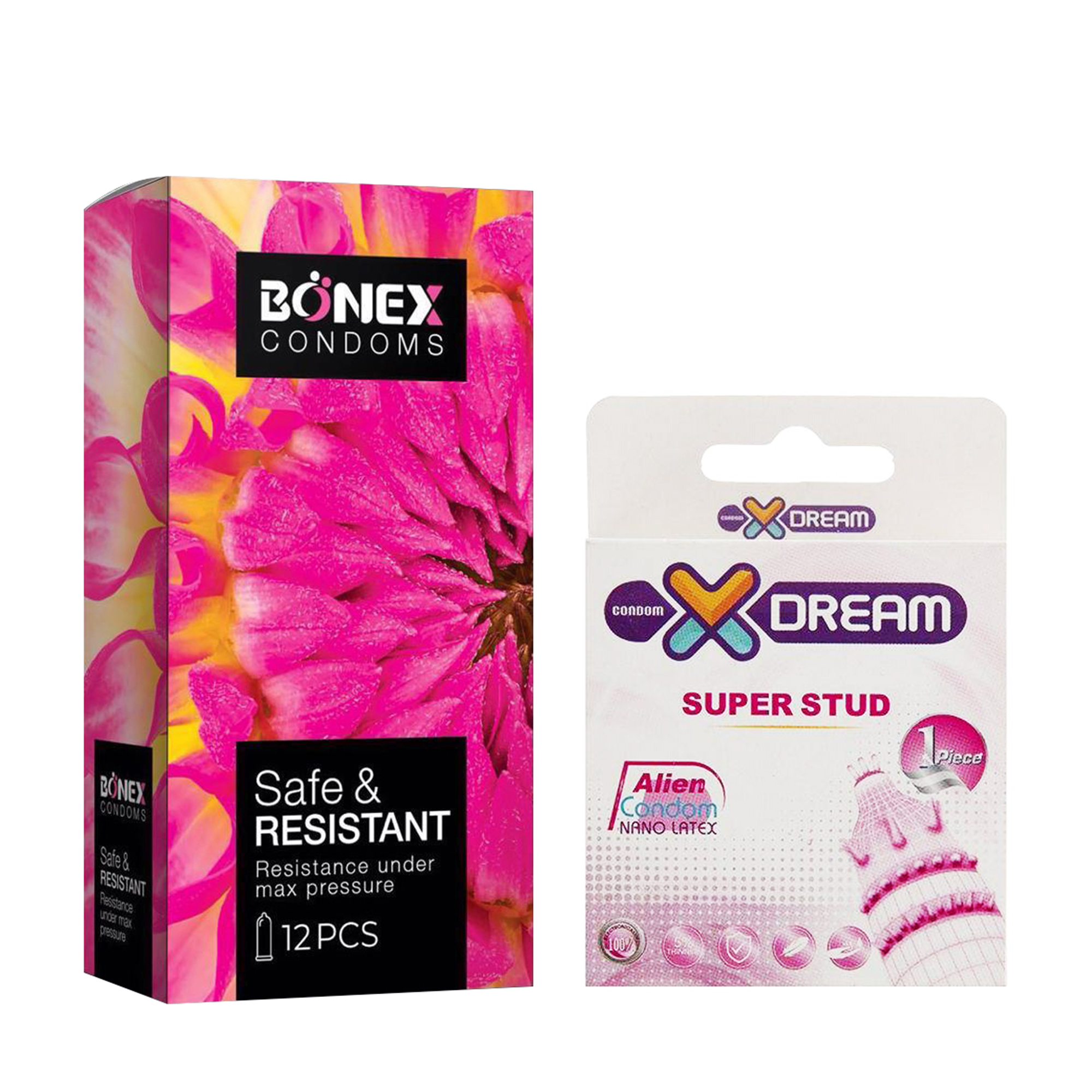 کاندوم بونکس مدل Safe & Resistant بسته 12 عددی به همراه کاندوم ایکس دریم مدل Super Stud