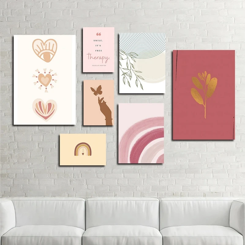 تابلو شاسی بکلیت طرح نقاشی مینیمال قلب و رنگین کمان مدل SH-2303 مجموعه 7 عددی