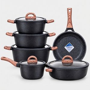 سرویس قابلمه و تابه گرانیتی 11 پارچه مدل لنکستر دسته چوبی