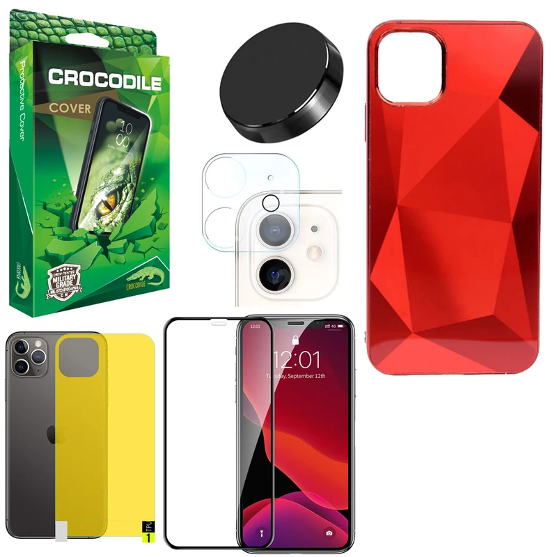کاور کروکودیل مدل A-L-M-A-S مناسب برای گوشی موبایل اپل Iphone 11 به همراه محافظ صفحه نمایش و محافظ پشت گوشی و محافظ لنز دوربین و پایه نگهدارنده گوشی