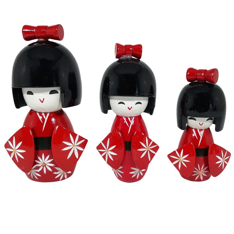 فیگور مدل عروسک های چوبی دخترهای ژاپنی مجموعه 3 عددی