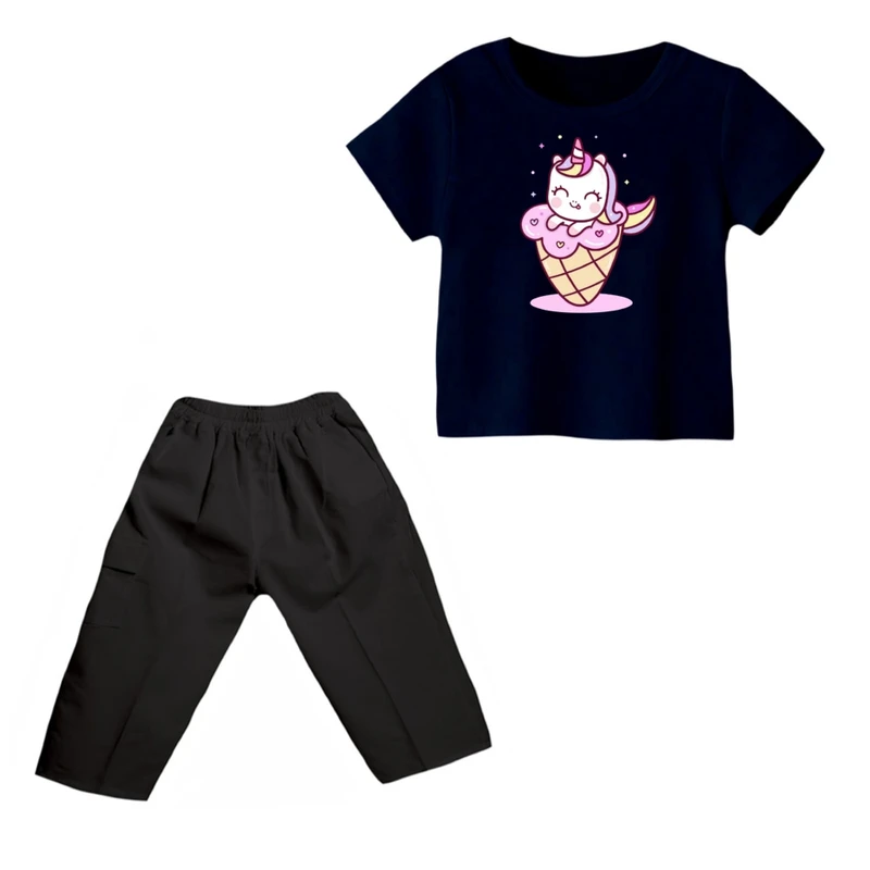 ست تی شرت و شلوارک دخترانه مدل یونیکورن کد ۳۴