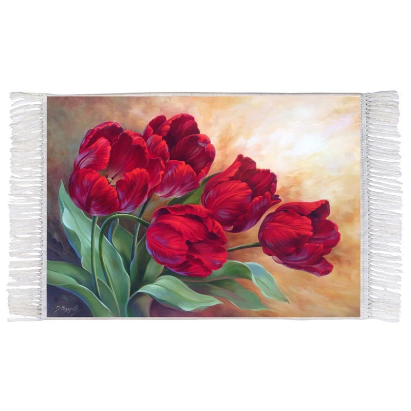 فرش ماشینی دیوارکوب اطلس آبی طرح نقاشی گل هنوز زندگی است گل لاله مدل T1099