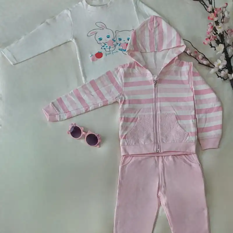 ست 3 تکه لباس دخترانه مدل راه راه رنگ صورتی