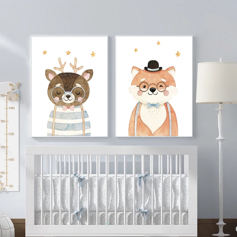 تابلو کودک و نوزاد مدل Elfap_Watercolor Fox Bear مجموعه 2 عددی