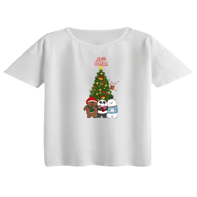 کراپ تی‌شرت آستین کوتاه زنانه مدل خرس کریسمس کد 6