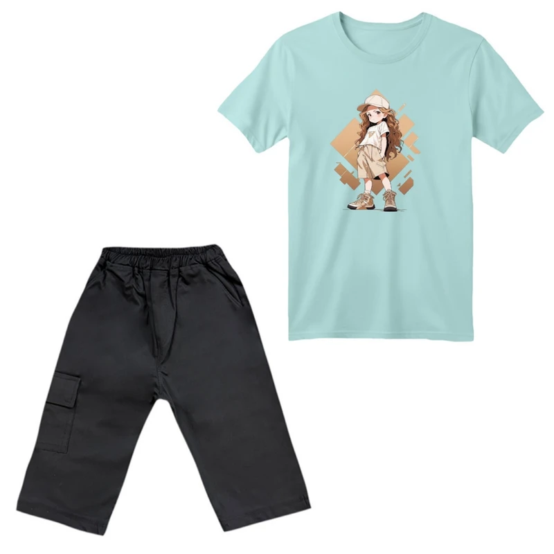 ست تی‌شرت آستین کوتاه و شلوارک دخترانه مدل دخترک اسپرت