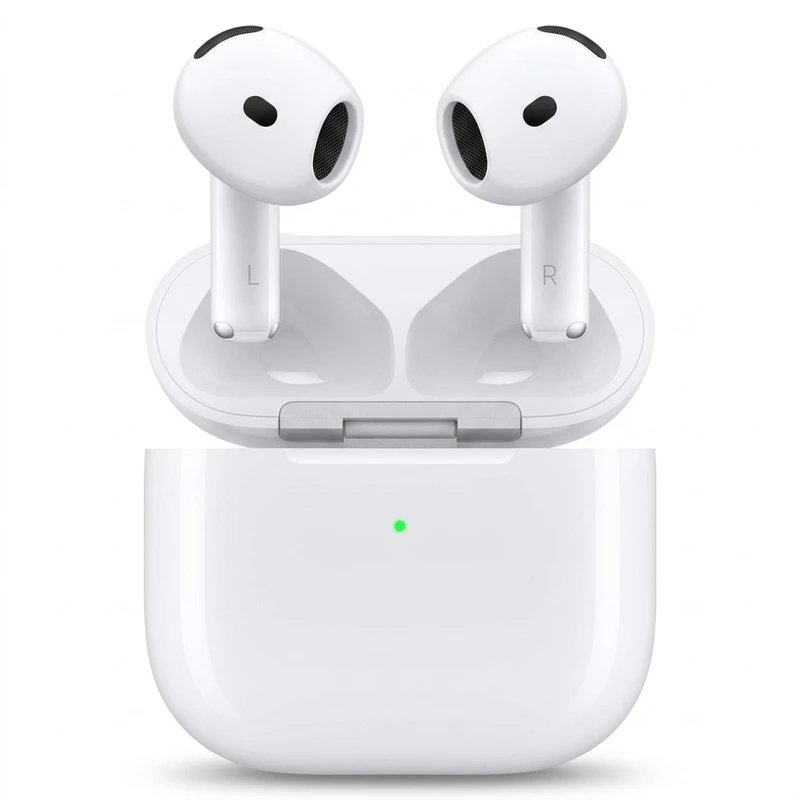 هدفون بلوتوثی اپل مدل AirPods 4 دارای نویز کنسلینگ، درگاه شارژ USB-Type-C و شارژ بی سیم، با قابلیت اتصال به چند دستگاه، پشتیبانی از فرمان لمسی و دستیار صوتی، نشانگر LED، مقاوم در برابر پاشش آب و گرد و غبار