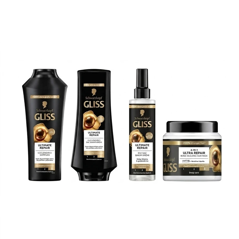 شامپو ترمیم کننده مو گلیس مدل Ultimate Repair مناسب برای موهای خشک و آسیب‌دیده حجم 400 میلی لیتر به همراه نرم‌کننده، ماسک مو و اسپری دوفاز بسته 4 عددی