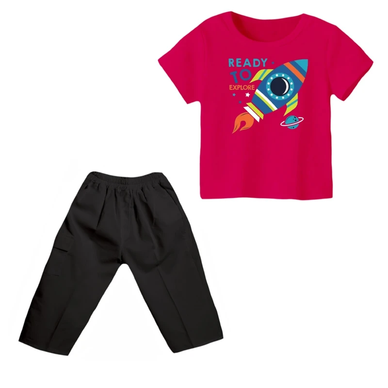 ست تی شرت و شلوارک پسرانه مدل فضانورد کد ۱۵ رنگ سرخابی