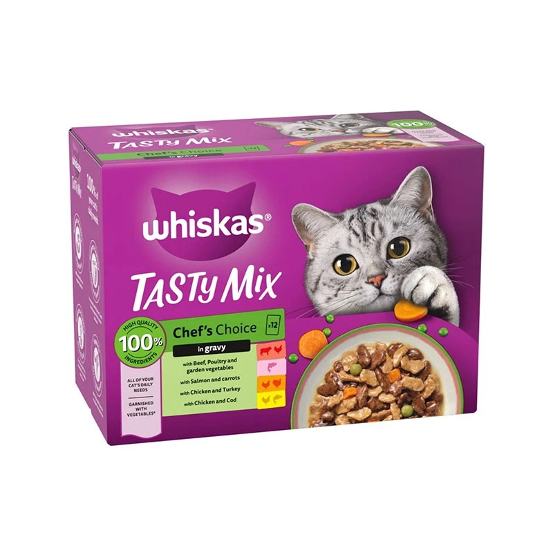 پوچ گربه بالغ ویسکاس مدل Tasty Mix Chef's Choice in Gravy با طعم میکس وزن 85 گرم بسته 12 عددی