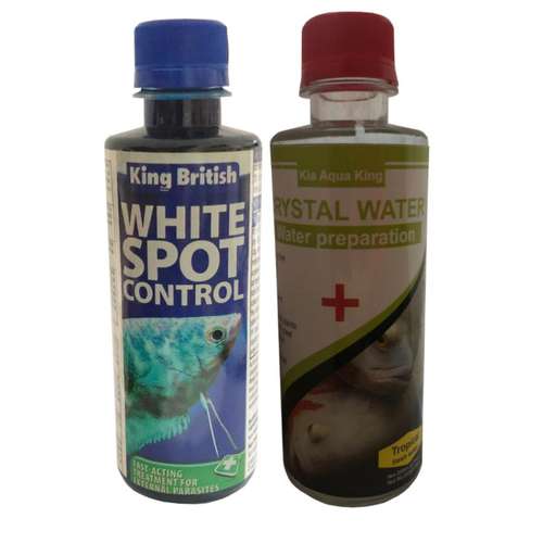 محلول ضدسفیدک آبزیان کینگ بریتیش مدل SS-2 حجم 250 میلی لیتر به همراه محلول شفاف کننده آب آکواریوم