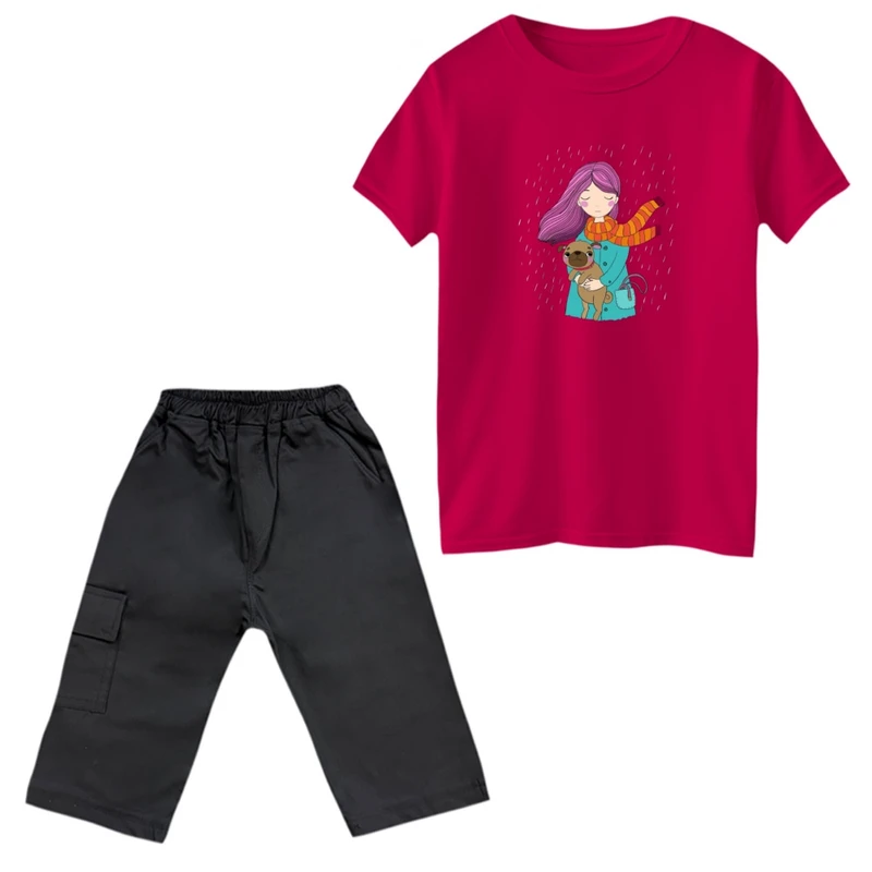 ست تی‌شرت و شلوارک دخترانه مدل دختر و سگ