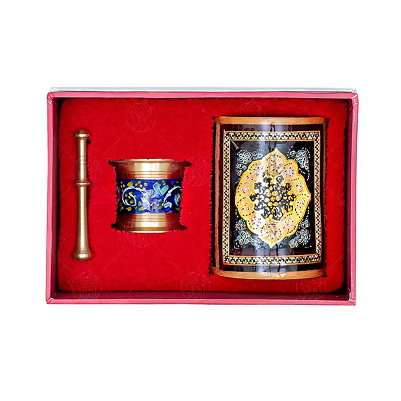 ست هاون نفیس آرا هنر فاخر ایرانی مدل طلای سرخ به همراه بسته زعفران